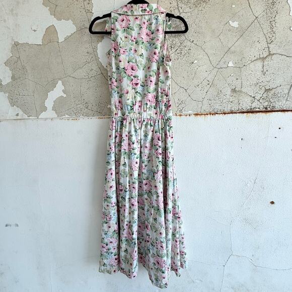 Vintage 1950s Pink Dress Floral Sleeveless Midi Collared V Neck A Line Cotton S - Picture 5 of 7